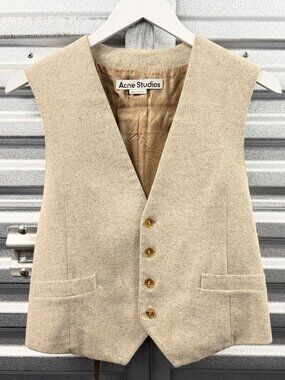 ACNE STUDIOS AW19 Beige Melange Wool Blend Gold Logo Print Back Waistcoat Vest S
